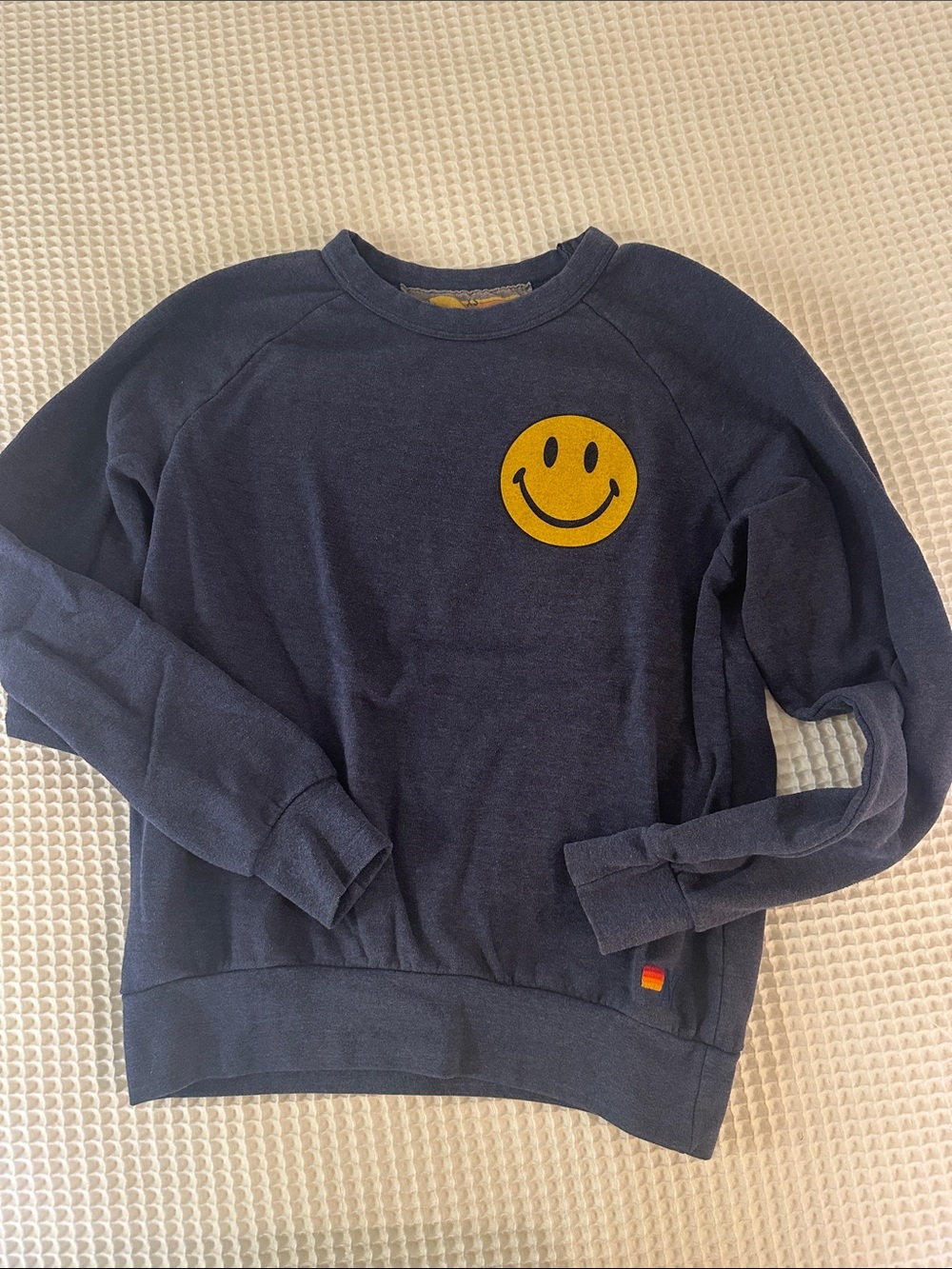 Aviator Nation Navy Crewneck with Yellow Smiley Graphic
